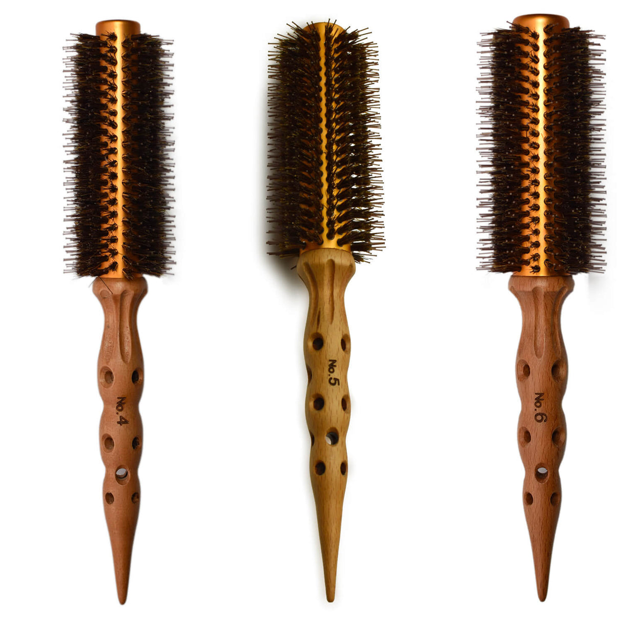 ensemble de 3 brosses en bois ronde pyrus avec un mix de poil de sanglier et de poil de nylon et corps en aluminium