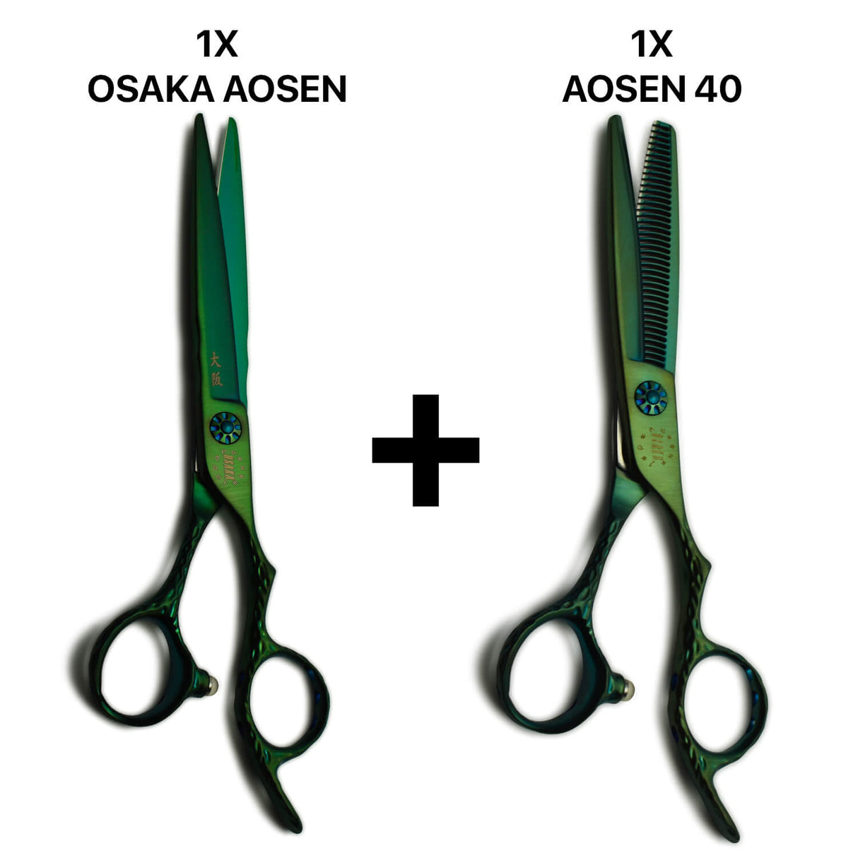 Duo de ciseaux de coiffure osaka vert mat aosen en droit de coupe et en sculpteurs effileurs