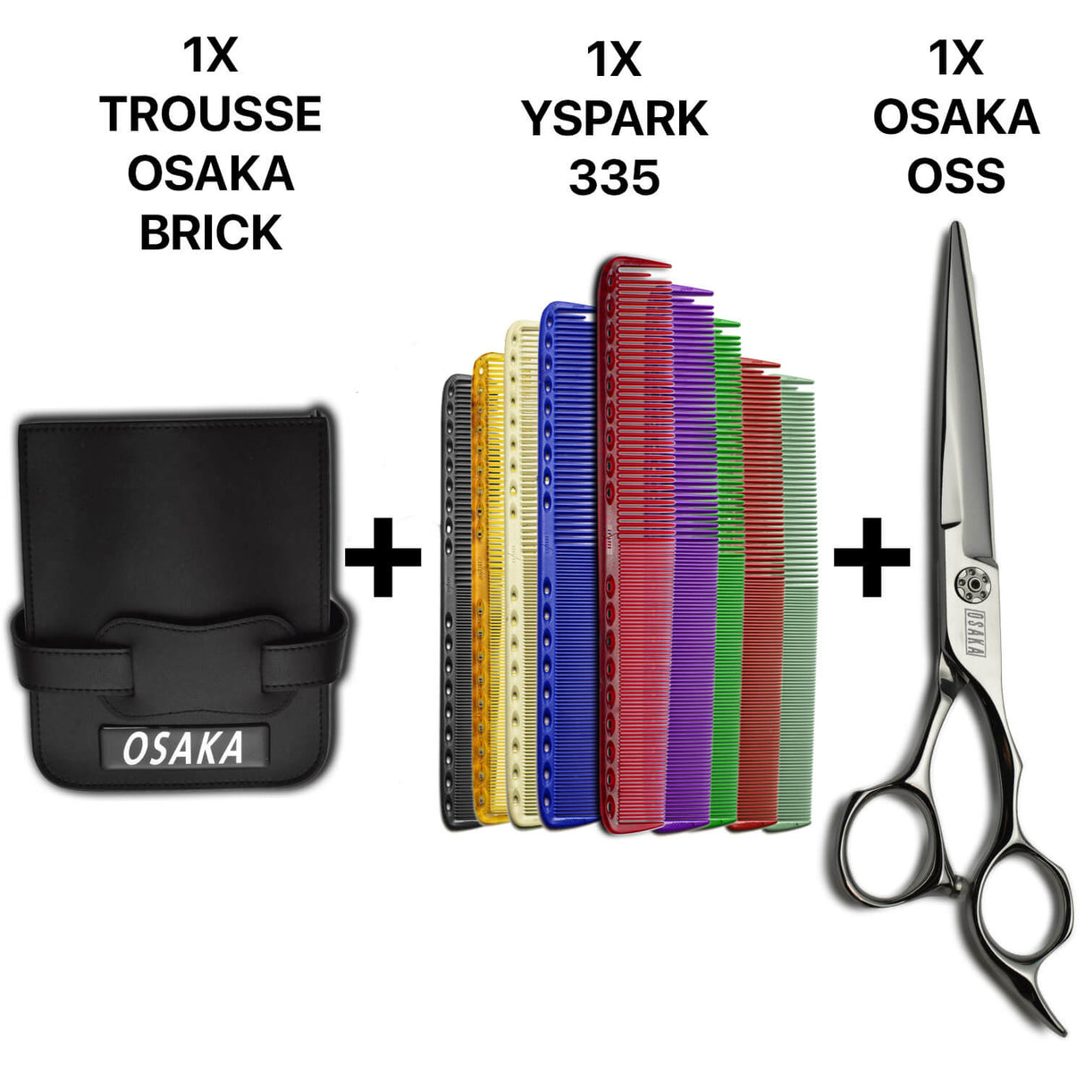 trousse osaka brick de rangement noir avec ciseaux osaka os avec lame large japonaise et peignes de coupe yspark 335 longs.
