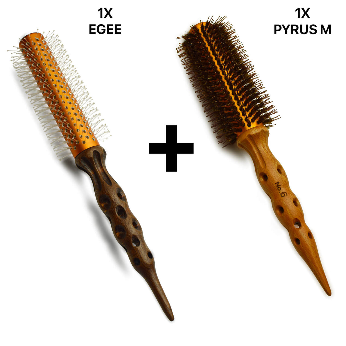 brosse ronde egee avec poil entièrement synthétique associé avec une brosse ronde en bois pyrus