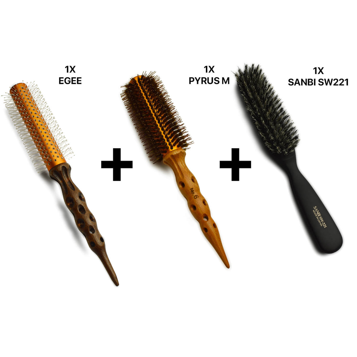 brosse ronde egee avec poil entièrement synthétique associé avec une brosse ronde en bois pyrus associé avec une brosse plate sanbi sw221