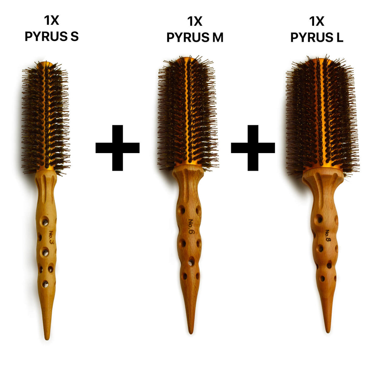 brosse ronde en poil sanglier et nylon pyrus en diamètre grande, moyenne, petite.