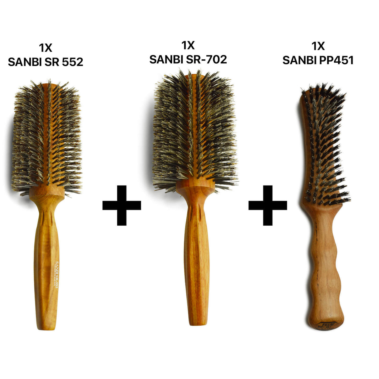 Brosse ronde sanbi en poil de sanglier SR552 et poil de sanglier disposé en spirale SR-402 associé avec une brosse plate sanbi pp451