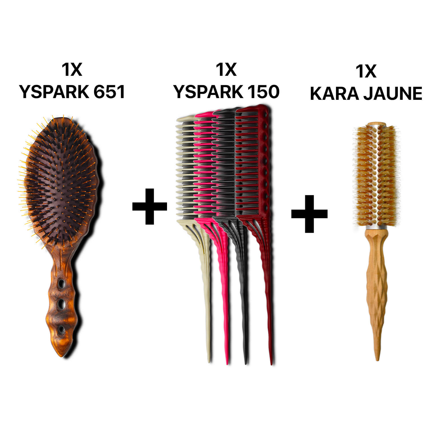 brosse plate yspark tortoise 120cc1 associé avec un ensemble de peigne à crêper yspark 150 et une brosse ronde kara jaune