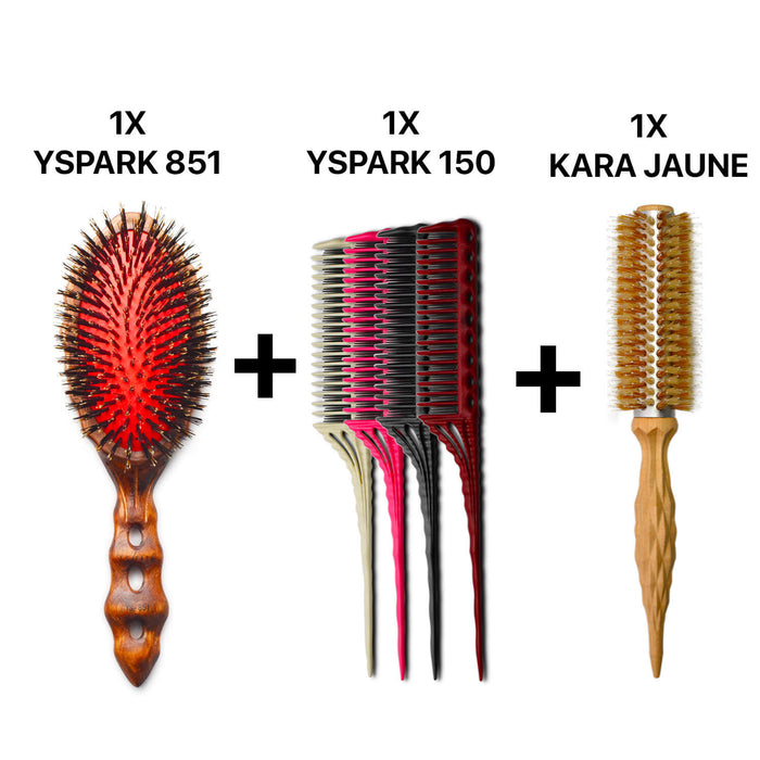 brosse plate yspark tortoise 120cc1 associé avec un ensemble de peigne à crêper yspark 150 et une brosse ronde kara jaune