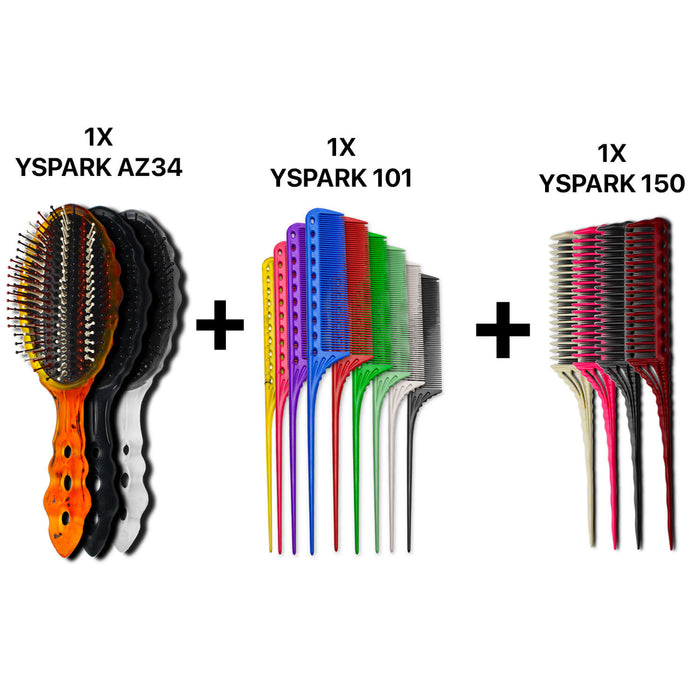 brosse paddle plate yspark az34 associé avec un peigne à queue yspark 101 et un peigne yspark 150 à crêper