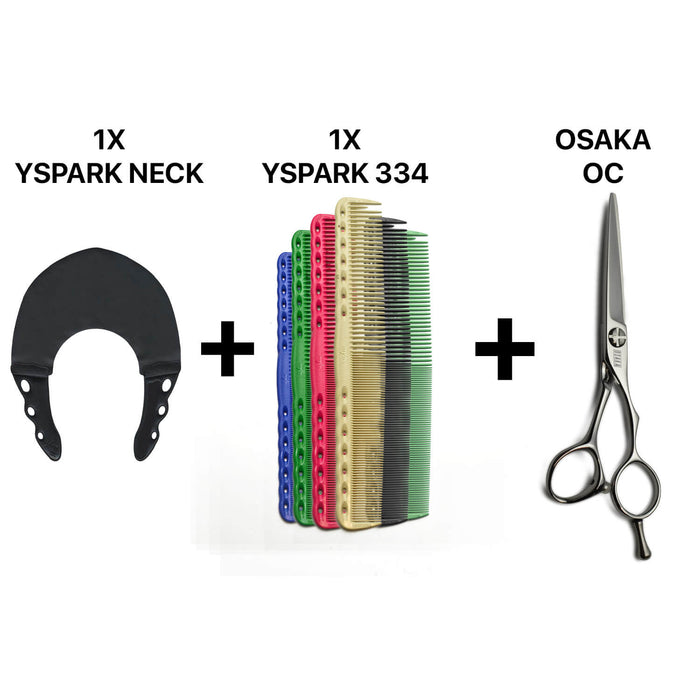 Cape de coupe neck fitter yspark associé avec un peigne de coupe YSPARK 334 et une paire de ciseaux de coiffure osaka oc
