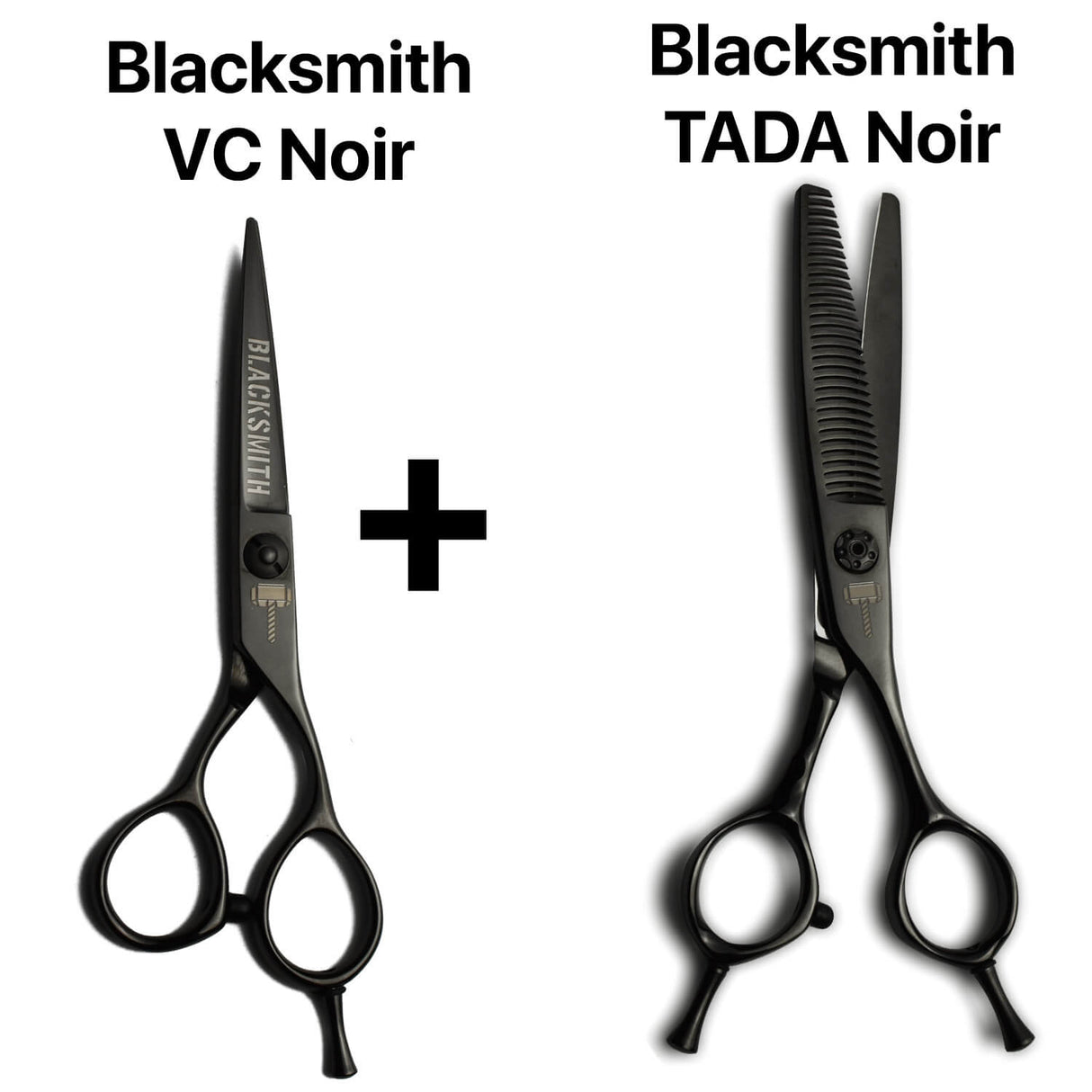 Duo de ciseaux japonais Blacksmith VC Noir : un modèle droit de coupe et des ciseaux sculpteurs professionnels Blacksmith TADA Noir pour un travail complet.