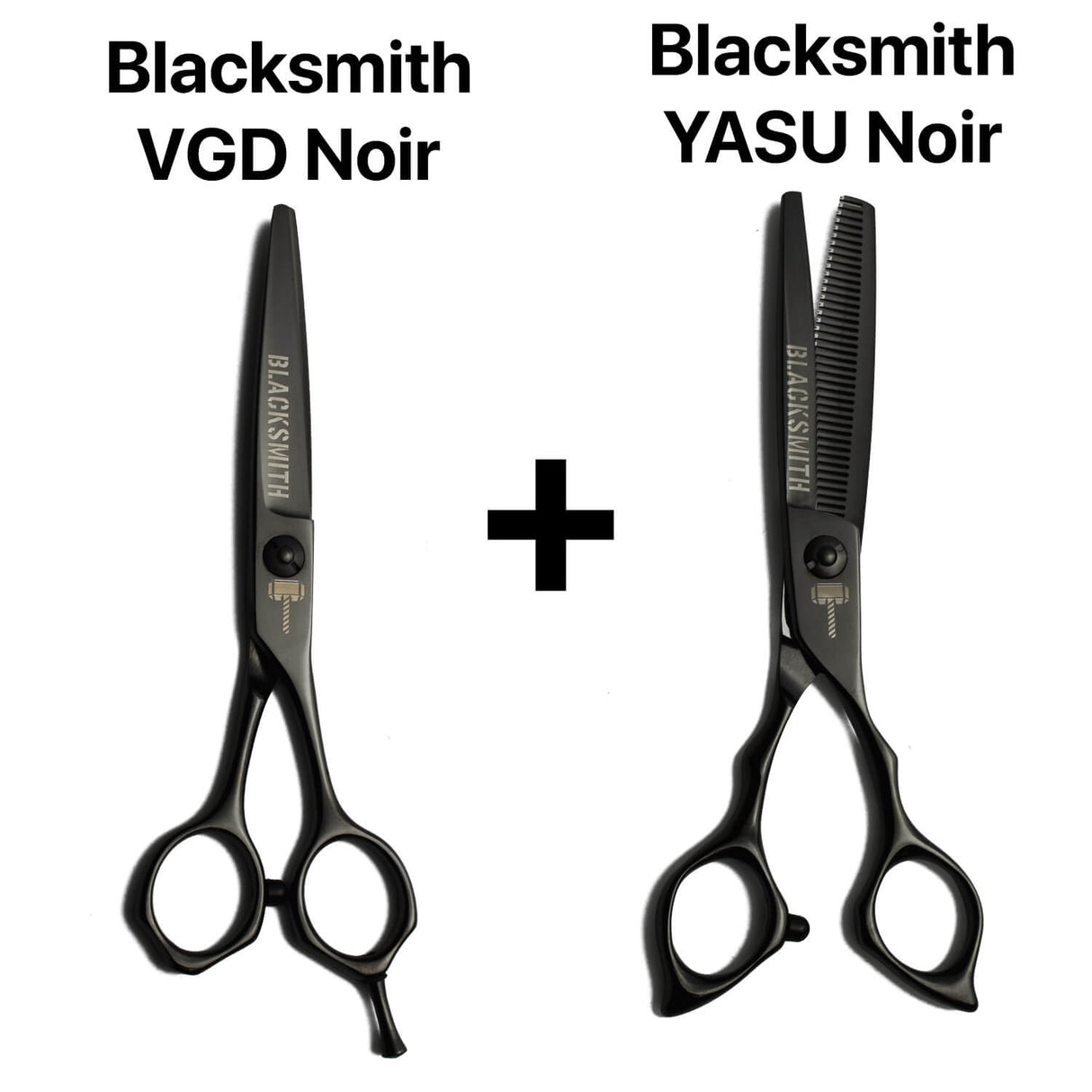 Kit de ciseaux de coiffure ergonomiques japonais : lame droite de coupe Blacksmith VGD Noir et effileurs Blacksmith YASU Noir sculpteurs pour un contrôle parfait.