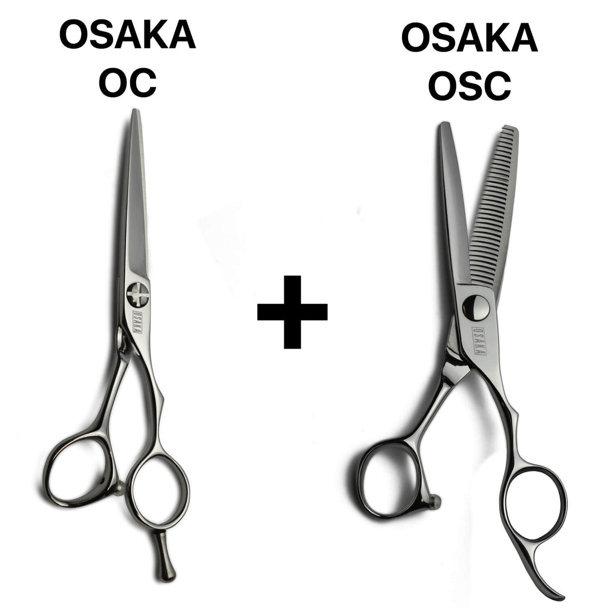 Duo technique ciseaux de coupe japonais OSAKA OC + effileurs sculpteurs OSAKA OSC, combinant précision, confort et équilibre parfait.