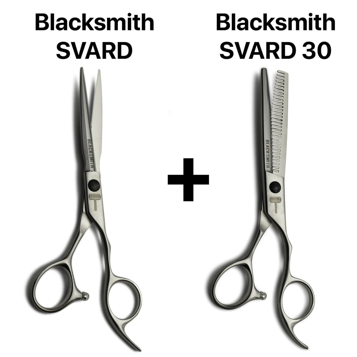 Duo technique ciseaux de coupe japonais Blacksmith SVARD + effileurs sculpteurs Blacksmith SVARD 30, combinant précision, confort et équilibre parfait.