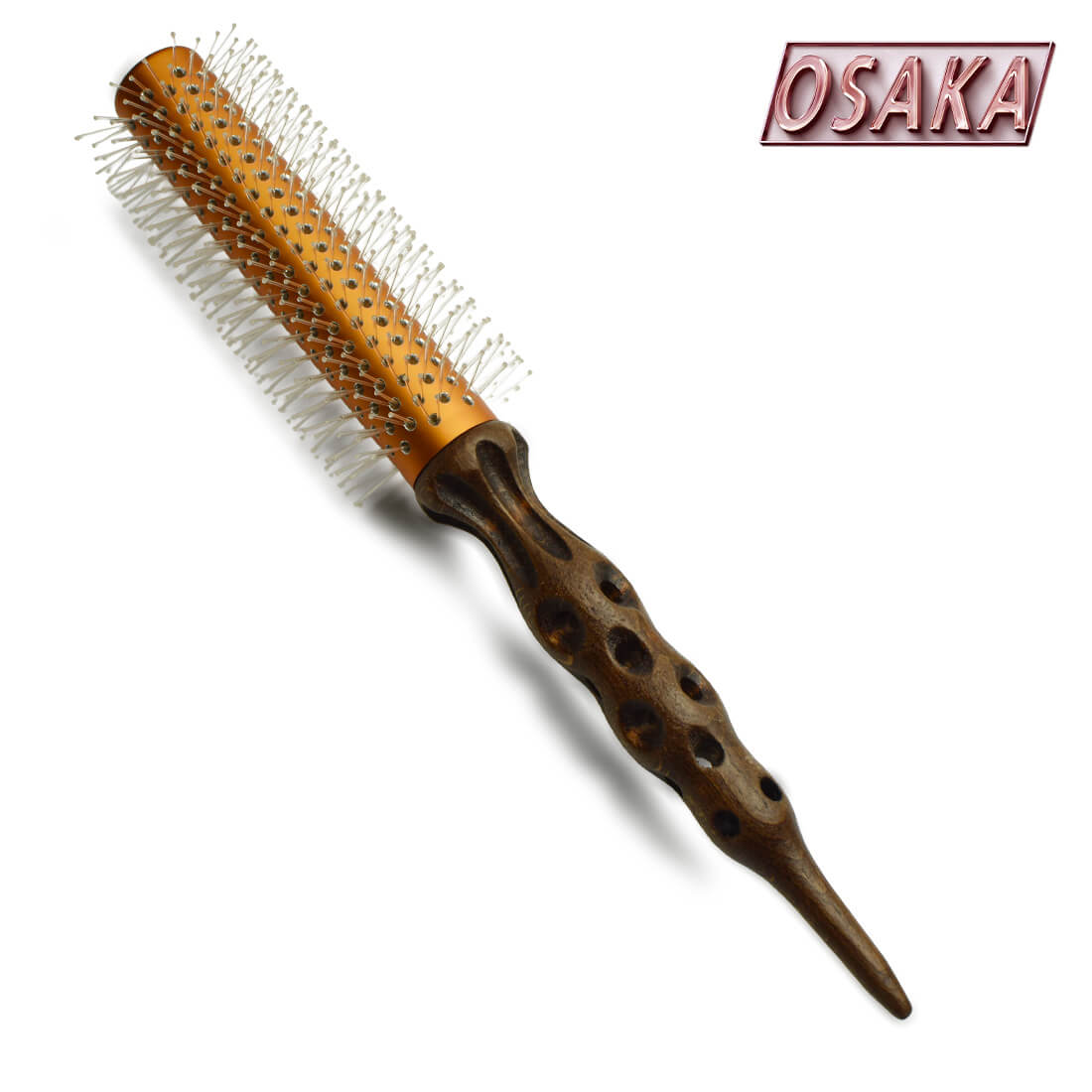 Brosse OSAKA Égée – picots nylon blancs, manche bois foncé sculpté, brushing lissant