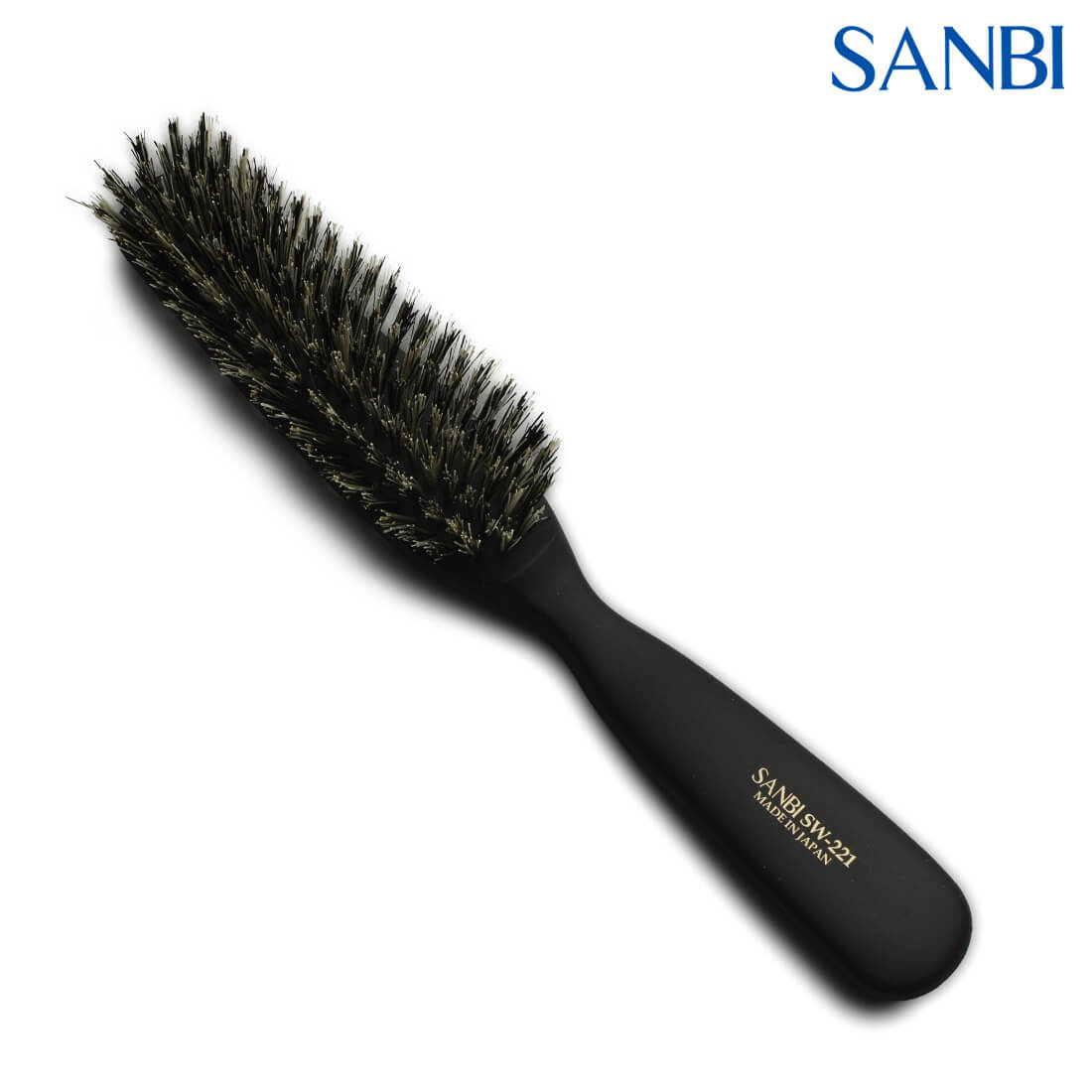 Brosse pour cheveux fins Sanbi SW‑221 – poils de sanglier tendres, grip suédé, fabrication Japon