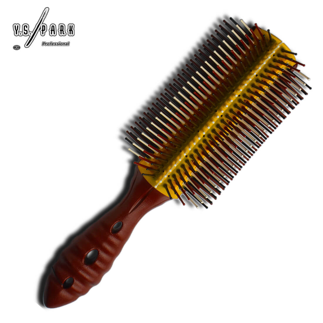 Brosse Y.S. PARK DB26 chocolat – coussin jaune, picots doubles densité, manche perforé