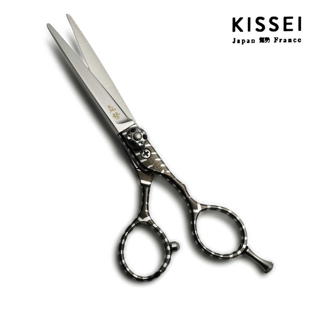 ciseaux de coiffure japonais de la marque kissei et de la référence KI-AIR avec un manche aux motifs zébrés et une lame fine en acier carbone