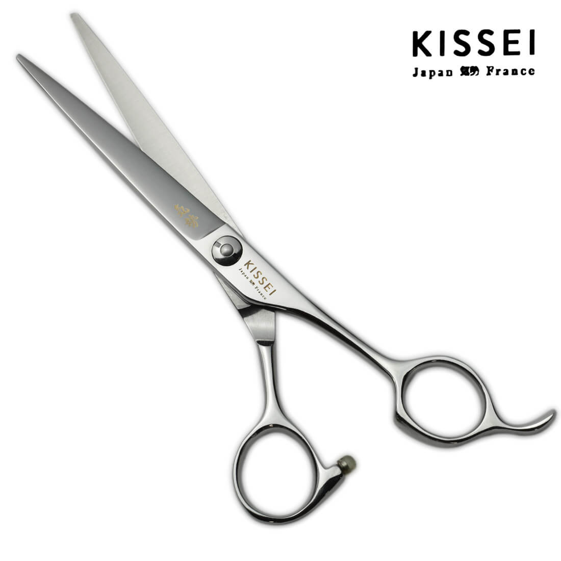 ciseaux de coiffure japonais de la marque kissei et de la référence KI-BARBER avec un manche aux anneaux décalés et spécialement créé pour les coupeurs hommes et barber