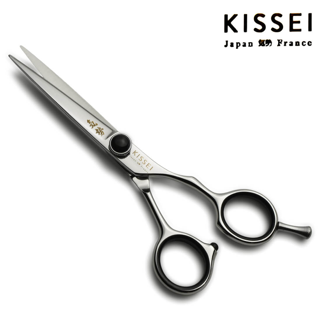 ciseaux de coiffure japonais avec une visserie noire de la marque kissei et de la référence KI-CORE avec une lame fine pour le piquetage et le travail de précision