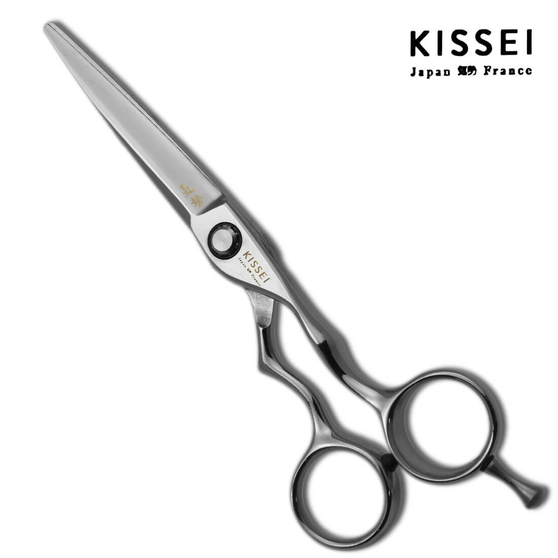 CIseaux de coiffure japonais de marque kissei avec un manche à anneaux symétriques à repose doigt amovible