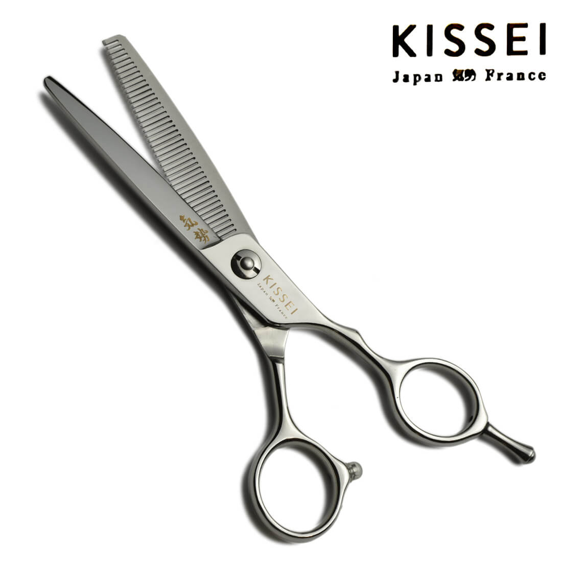 ciseaux japonais sculpteurs effileurs kissei utilisés pour désépaissir les cheveux avec un manche à anneau décalés offset