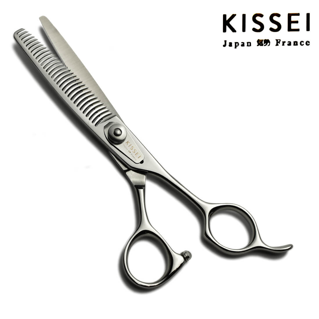 ciseaux japonais sculpteurs effileurs kissei utilisés pour désépaissir les cheveux avec un manche à anneau décalés offset