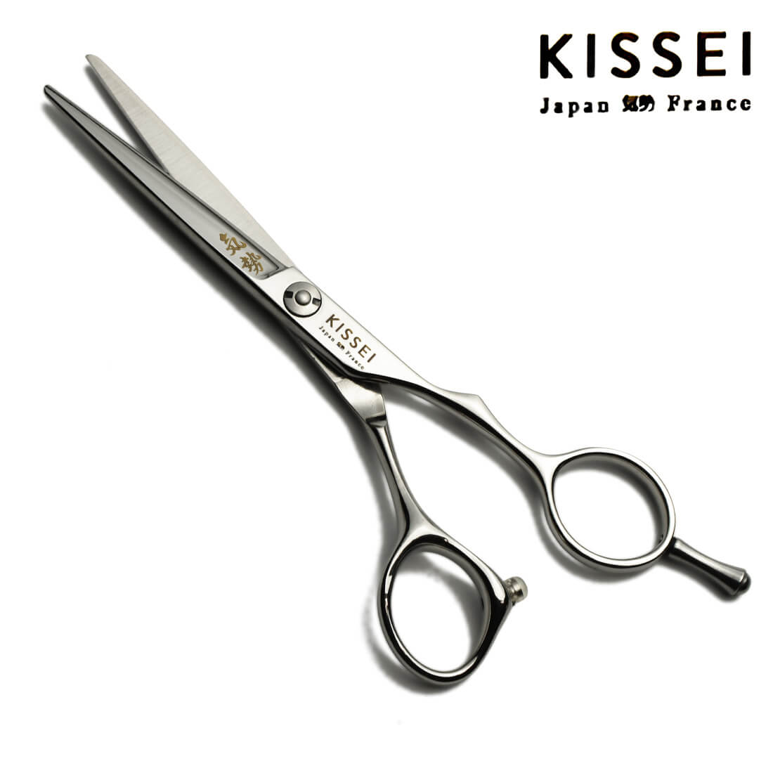ciseaux droits de la marque kissei ayant une lame fine pour tout travaux de précision et de piquetage ainsi que des tours d'oreille pour les coiffeurs.