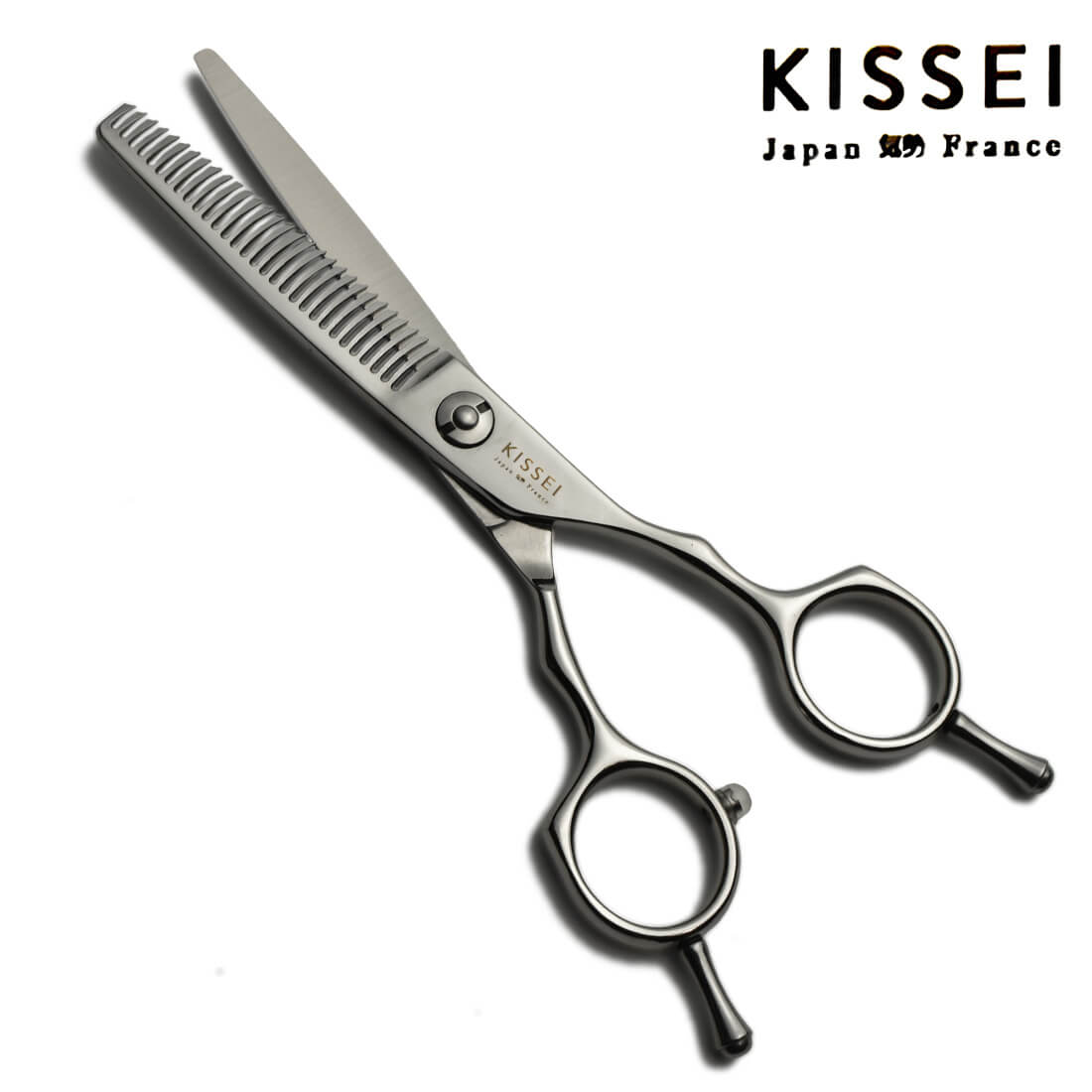 ciseaux japonais sculpteurs effileurs kissei utilisés pour désépaissir les cheveux avec un manche à anneaux symétriques avec 2 repose doigts amovible.