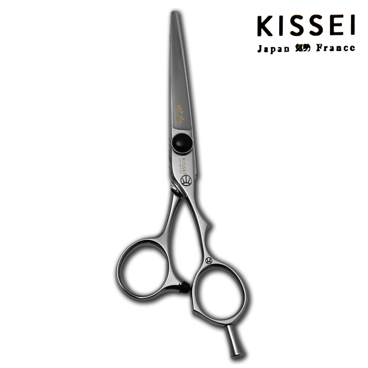 Ciseaux de coiffure japonais KISSEI Colorz en vis noir avec une lame fine et un manche à anneaux décalés