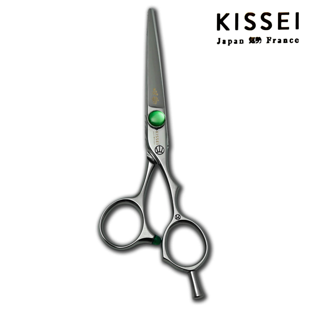Ciseaux de coiffure japonais KISSEI Colorz en vis verte avec une lame fine et un manche à anneaux décalés