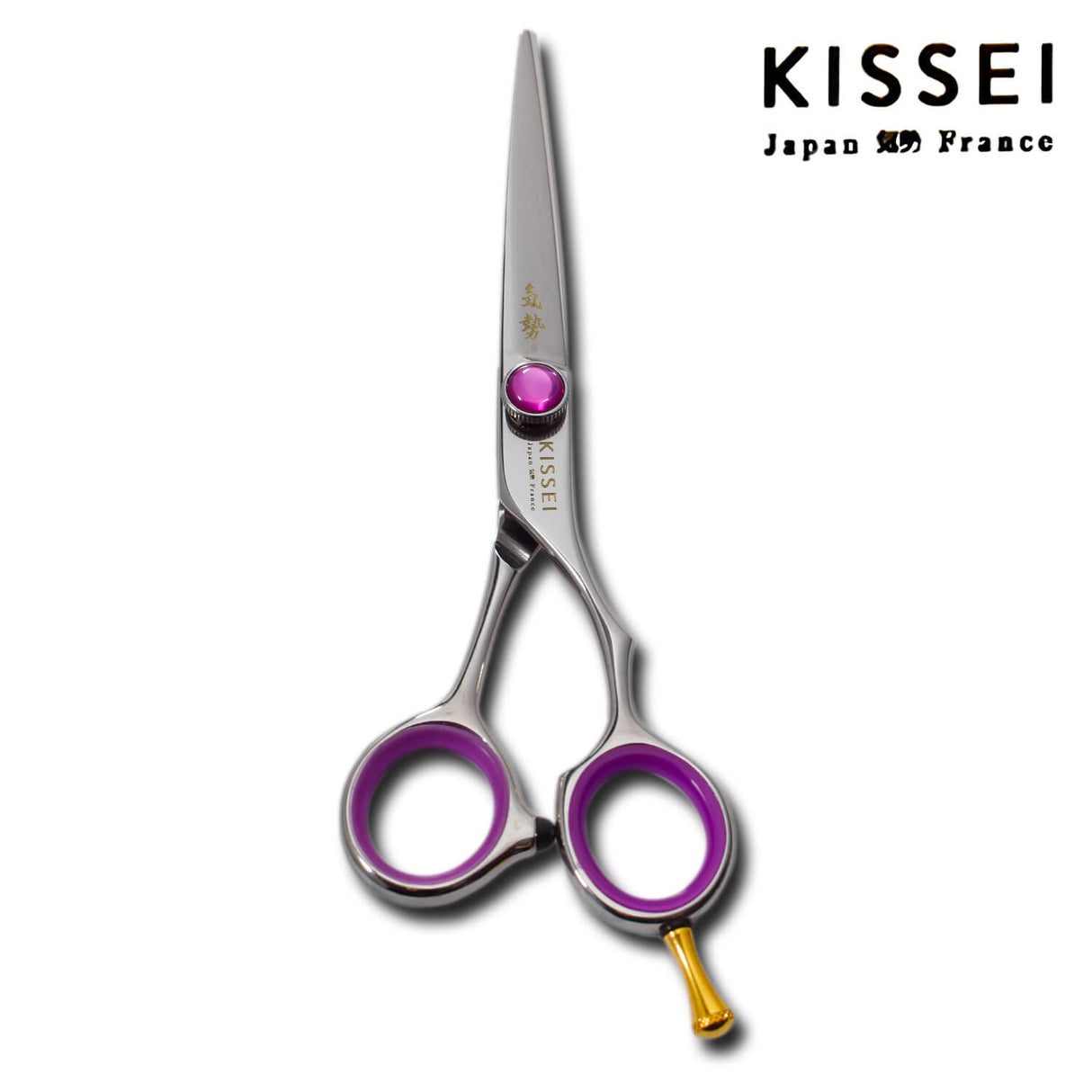 ciseaux japonais KISSEI Core en vis violette et anneaux violets pour les professionnels de la coiffure exigeants
