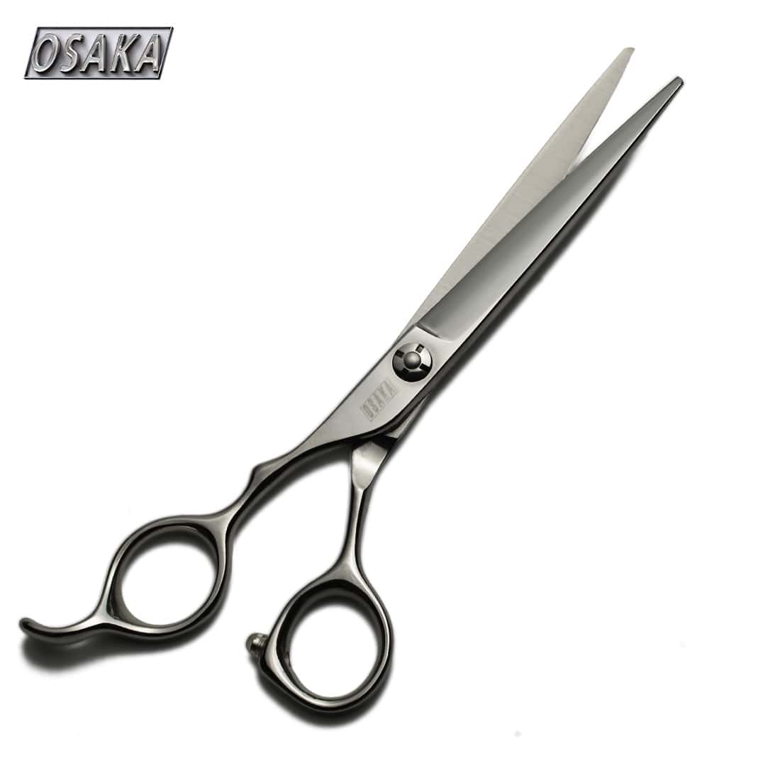 Ciseaux de coiffure gaucher OSAKA GXL en finition acier brut, lame droite affûtée et repose-doigt courbé – ergonomie inversée pour coupe précise