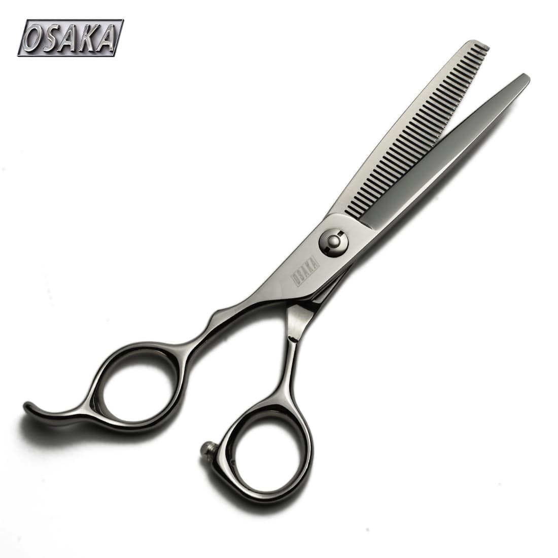 Ciseaux sculpteurs OSAKA GXL gaucher 40 dents – lame effileuse régulière, manche inversé ergonomique et vis centrale discrète en finition acier poli