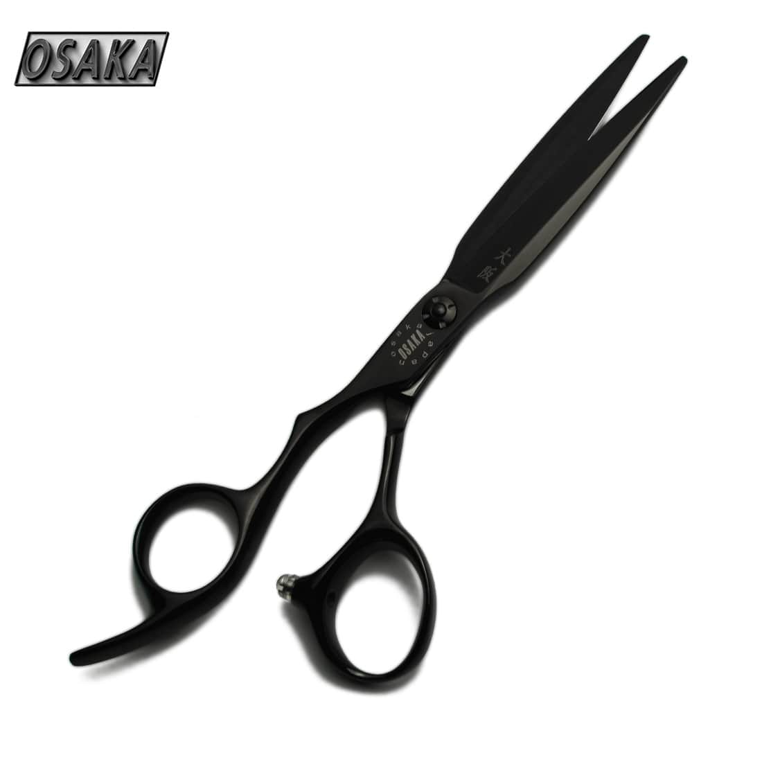 Ciseaux de coiffure OSAKA HADES noirs pour gaucher avec lame large et manche ergonomique inversé