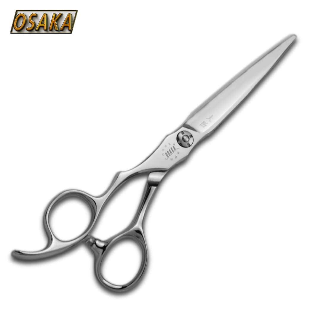 Ciseaux de coiffure OSAKA MTL gauchers – lame droite en acier poli, vis discrète et manche ergonomique inversé avec repose-doigt courbé