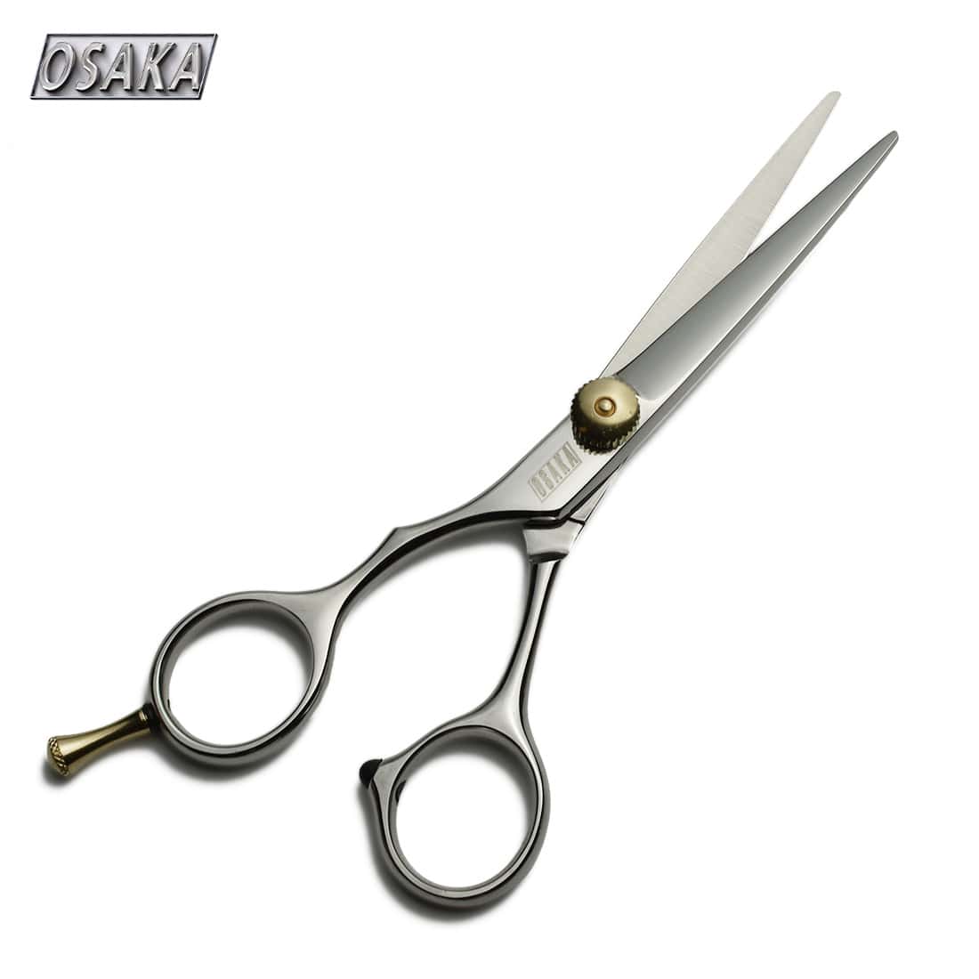 Ciseaux de coiffure OSAKA Série L avec vis dorée et repose-doigt conique, design classique et finition acier poli pour coupe de précision