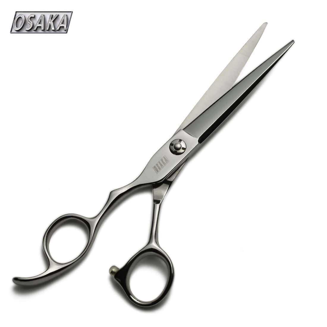 Ciseaux de coiffure OSAKA ZETAL pour gauchers, design offset avec repose-doigt incurvé et lame droite, finition acier poli