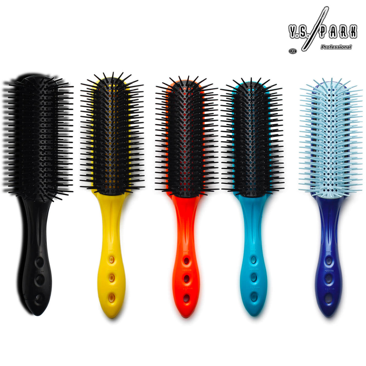 ensemble de brosses plates yspark t09 de couleur noir, bleu, orange, bleu clair, jaune en poils synthétiques.