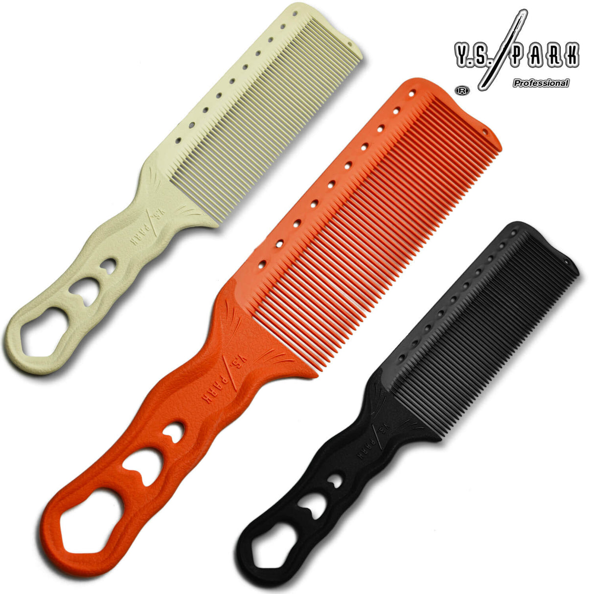 Ensemble de peignes tondeuse yspark hs281 orange, noir et blanc à dents resserrées.