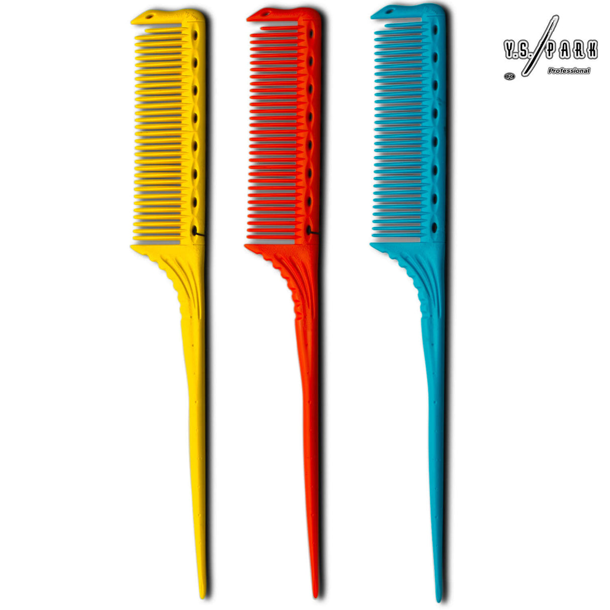 ensemble de peigne à queue yspark 185 avec tige plastique en jaune, en orange, et en bleu clair.