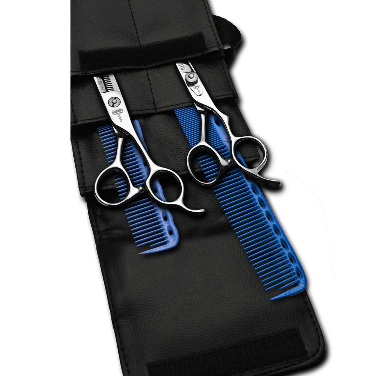 pack de ciseaux blacksmith avec 2 peignes yspark bleu ys334 et ys335 et une trousse de rangement
