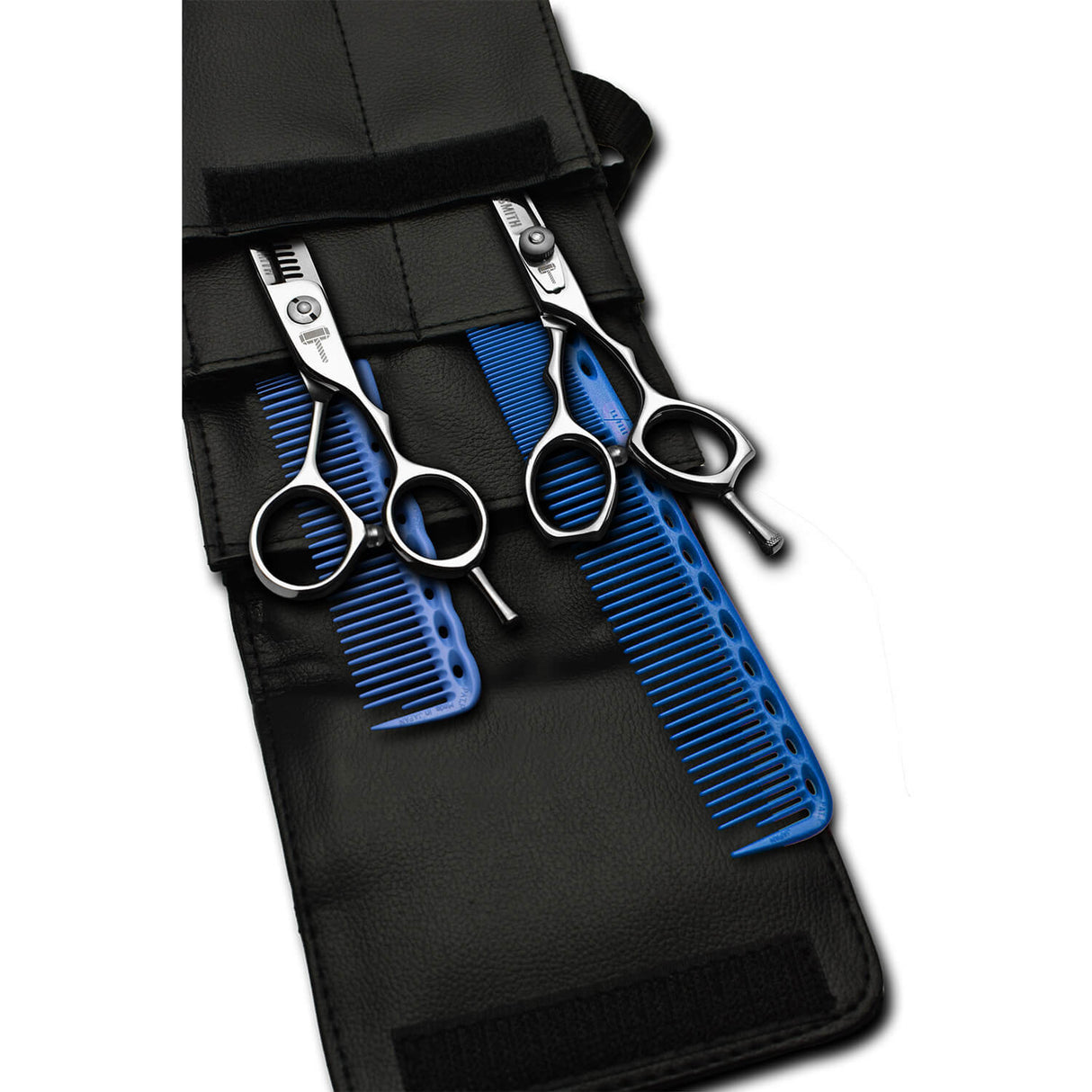 pack de ciseaux blacksmith avec 2 peignes yspark bleu ys334 et ys335 et une trousse de rangement