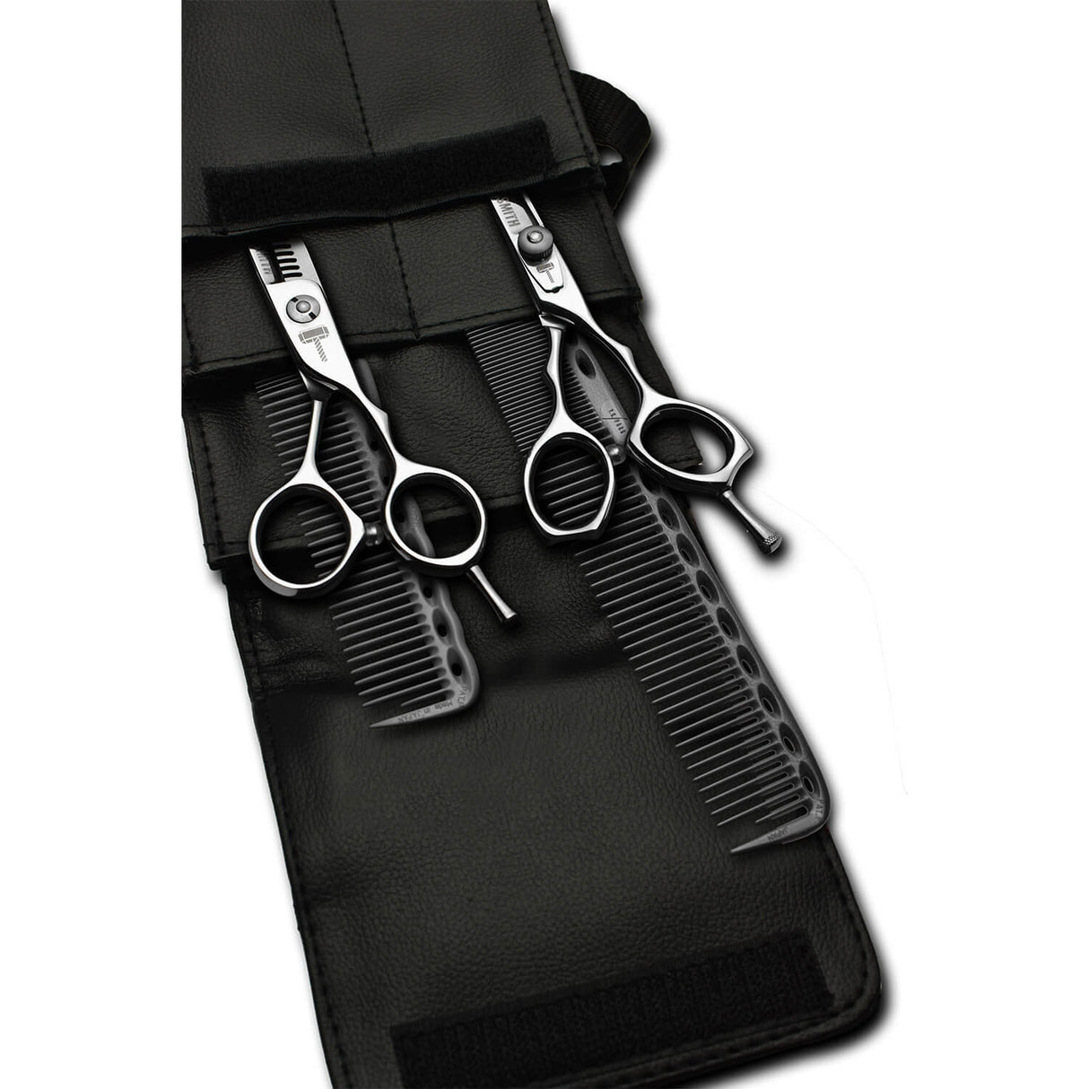 pack de ciseaux blacksmith avec 2 peignes yspark noirs ys334 et ys335 et une trousse de rangement