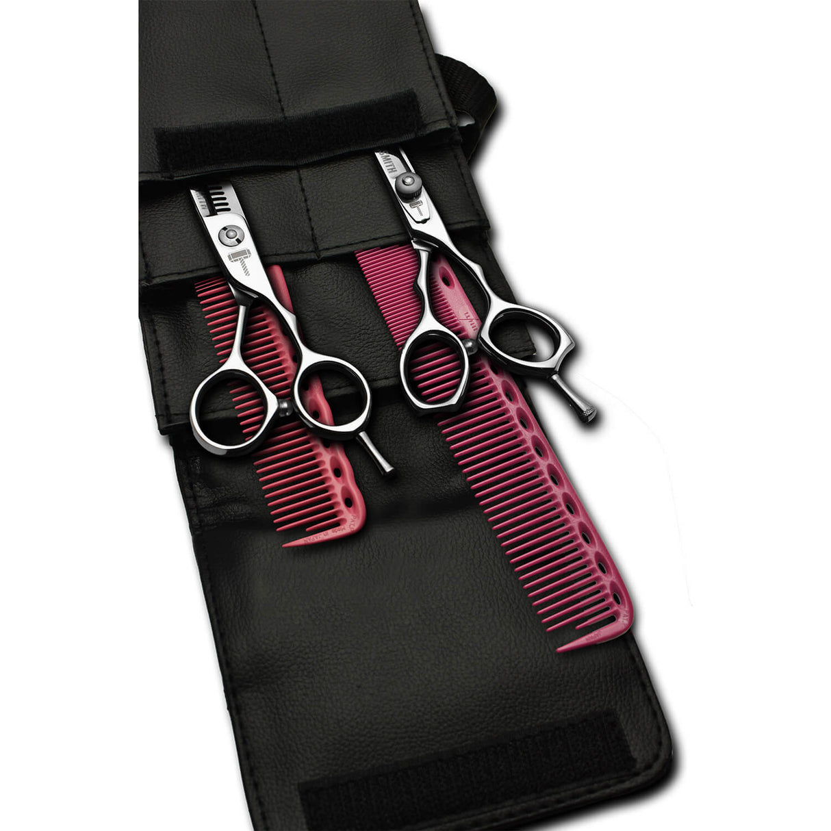 pack de ciseaux blacksmith avec 2 peignes yspark rose ys334 et ys335 et une trousse de rangement