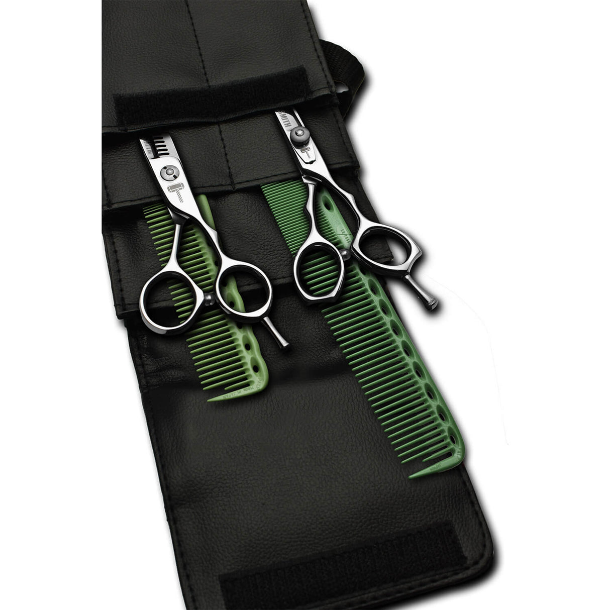 pack de ciseaux blacksmith avec 2 peignes yspark vert ys334 et ys335 et une trousse de rangement