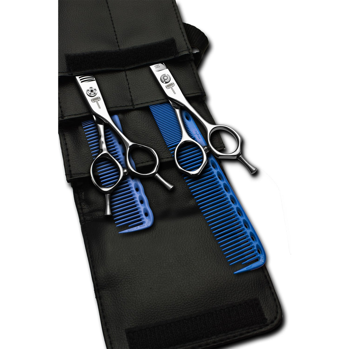 pack de ciseaux blacksmith avec 2 peignes yspark bleu ys334 et ys335 et une trousse de rangement