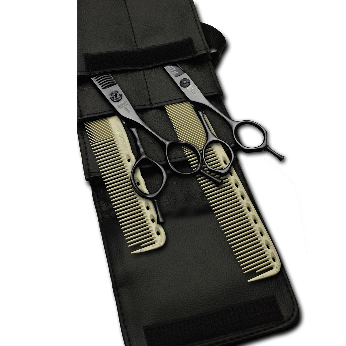 pack de ciseaux noirs blacksmith avec 2 peignes yspark blanc ys334 et ys335 rose et une trousse de rangement