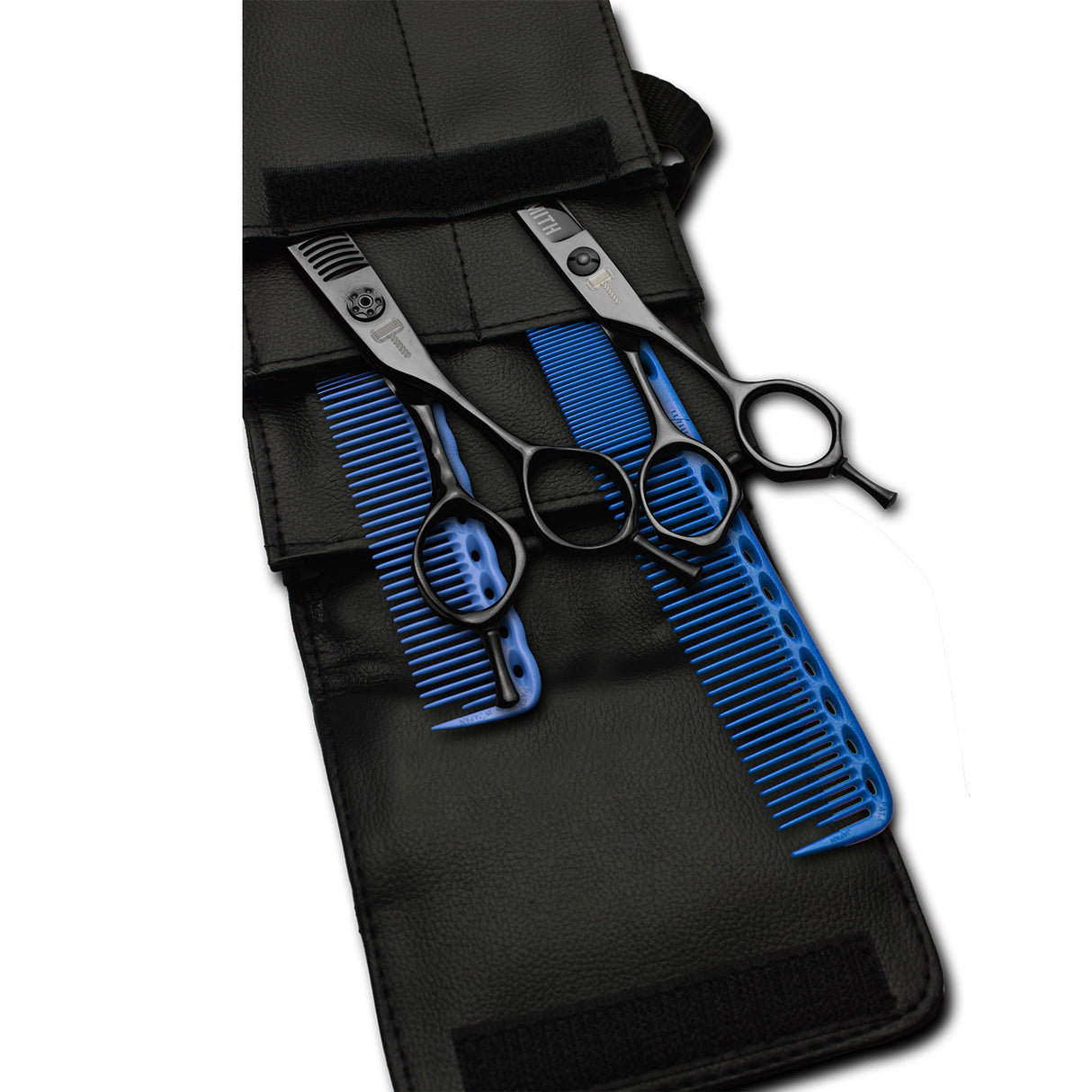 pack de ciseaux noirs blacksmith avec 2 peignes yspark bleus ys334 et ys335 rose et une trousse de rangement