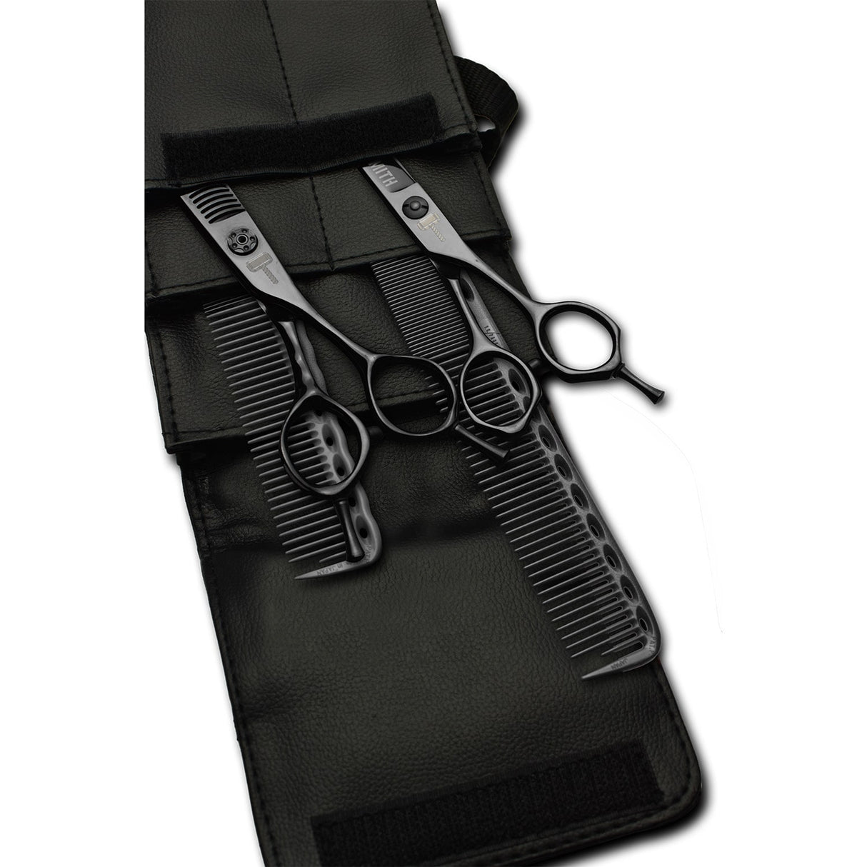 pack de ciseaux noirs blacksmith avec 2 peignes yspark rose ys334 et ys335 noir et une trousse de rangement