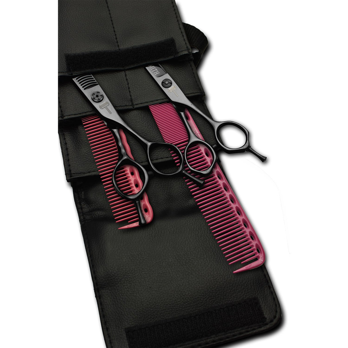 pack de ciseaux noirs blacksmith avec 2 peignes yspark rose ys334 et ys335 rose et une trousse de rangement