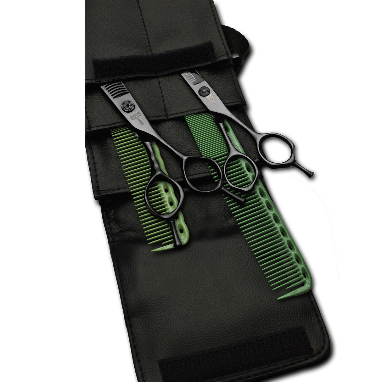 pack de ciseaux noirs blacksmith avec 2 peignes yspark vert ys334 et ys335 rose et une trousse de rangement