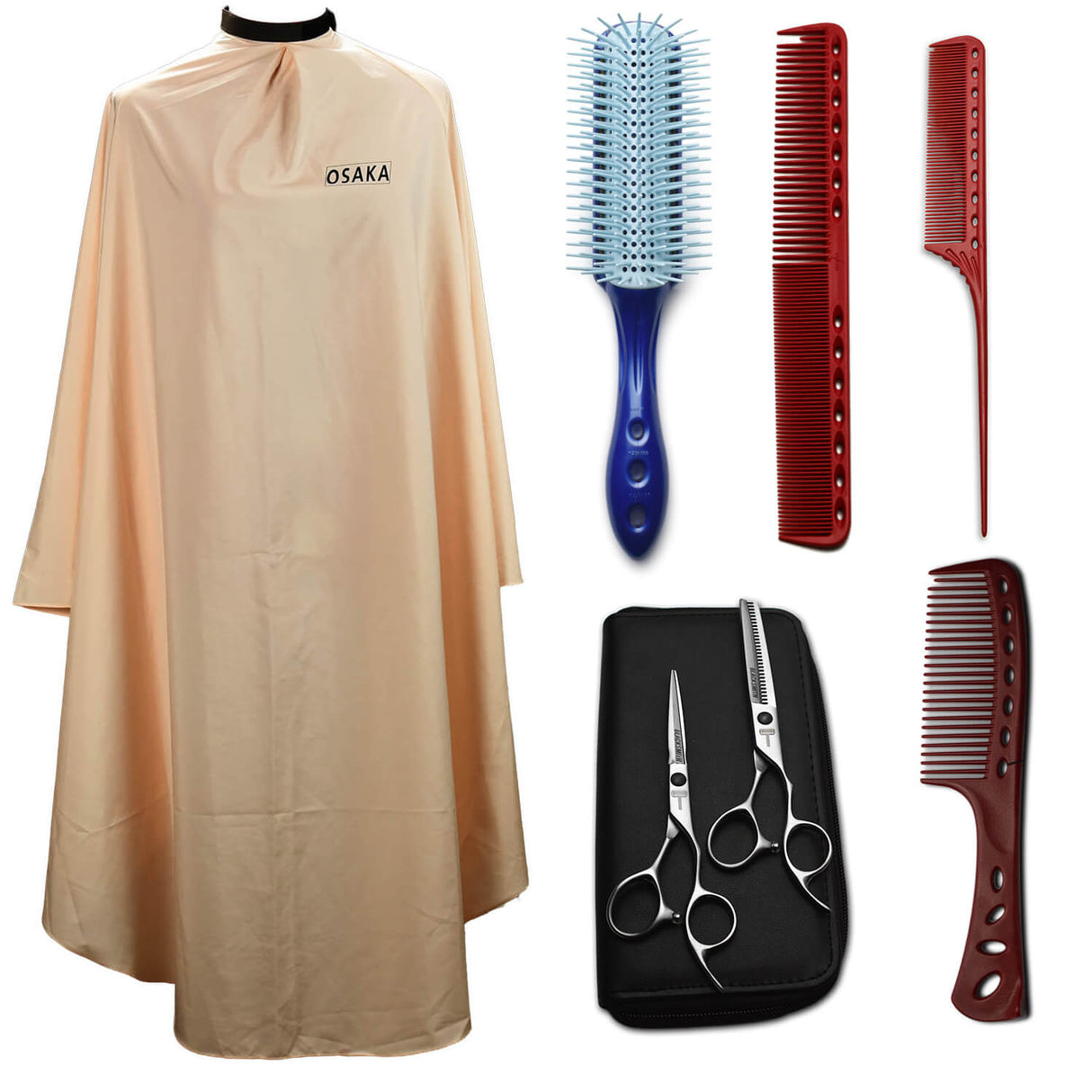 kit spécial apprenti avec peignoirs osaka, peigne technique ys101, peigne de coupe ys339, brosse yspark t09, ciseaux blacksmith